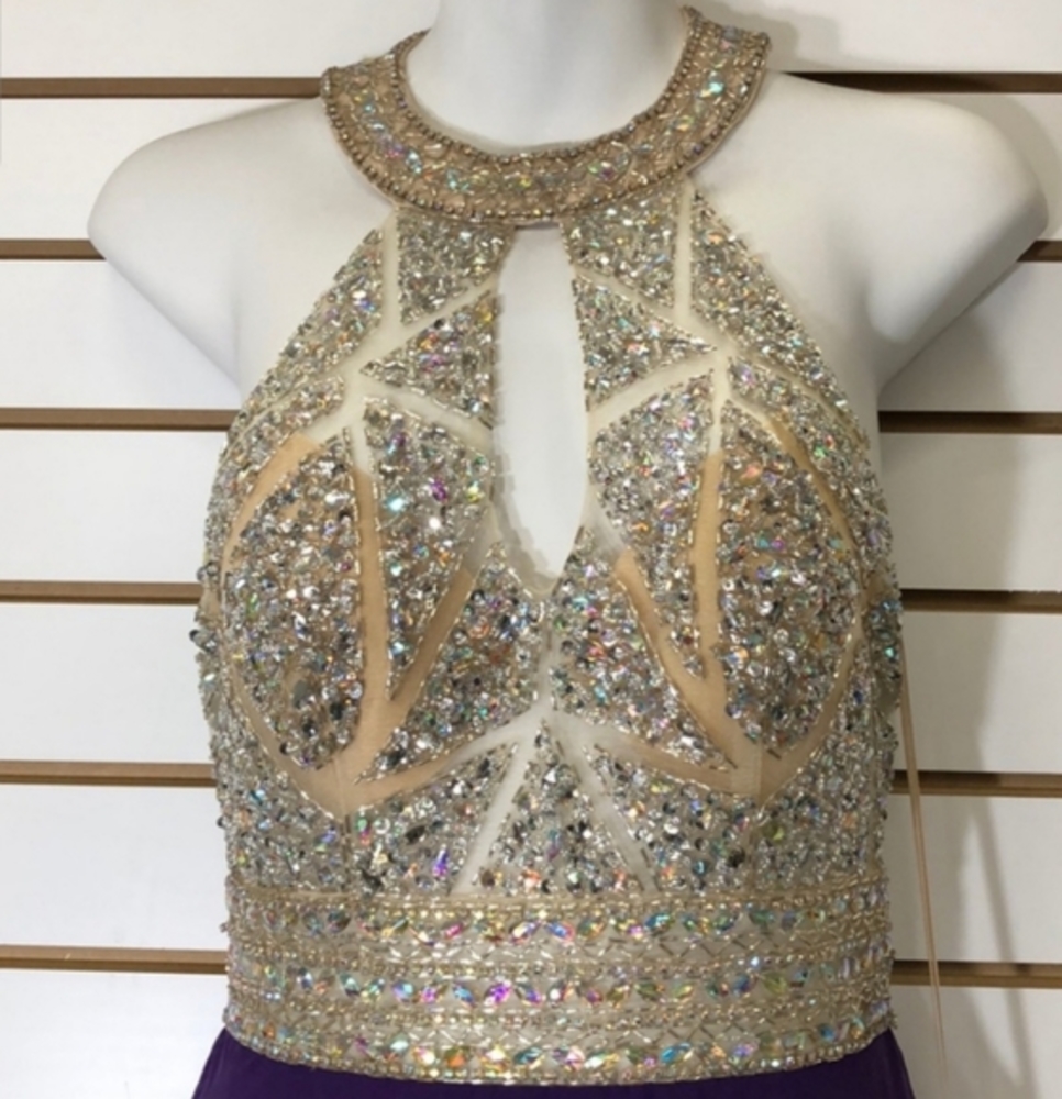 NYE Purple illusion Jeweled prom wedding halter gala dress gown 4